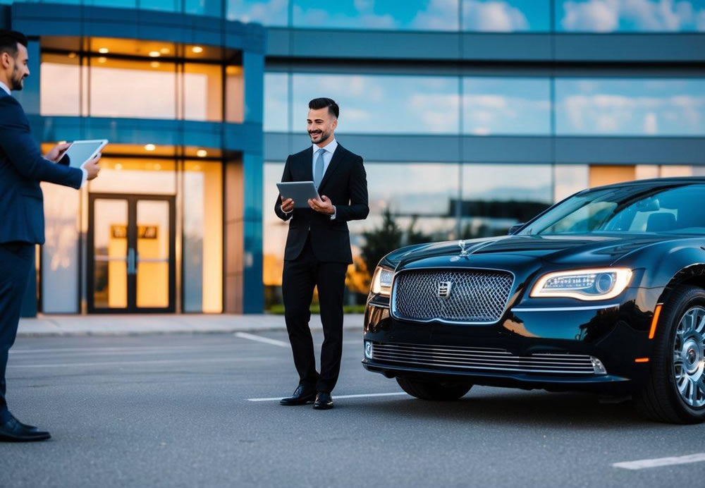 A luxury limousine parked outside a modern office building, with a chauffeur holding a tablet and a customer scanning a QR code on their smartphone to make a Bitcoin payment