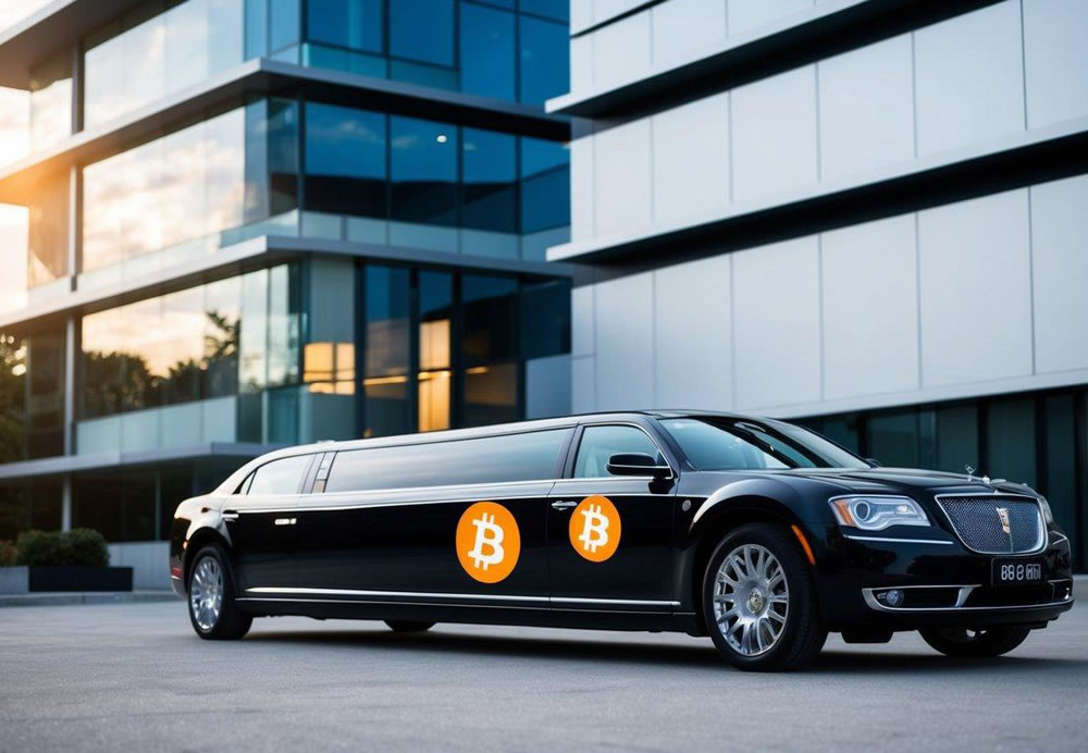 A luxury limousine parked outside a modern building, with a Bitcoin logo displayed prominently on the vehicle