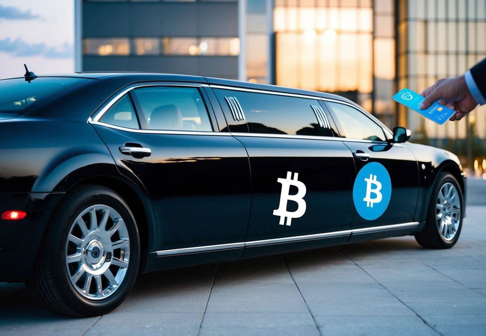 A sleek limousine with a Bitcoin logo on its side, parked in front of a modern building, with a digital payment transaction being made