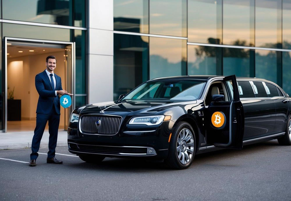 A luxury limousine parked outside a sleek office building, with a chauffeur standing by the open door, ready to accept a Bitcoin payment from a well-dressed passenger