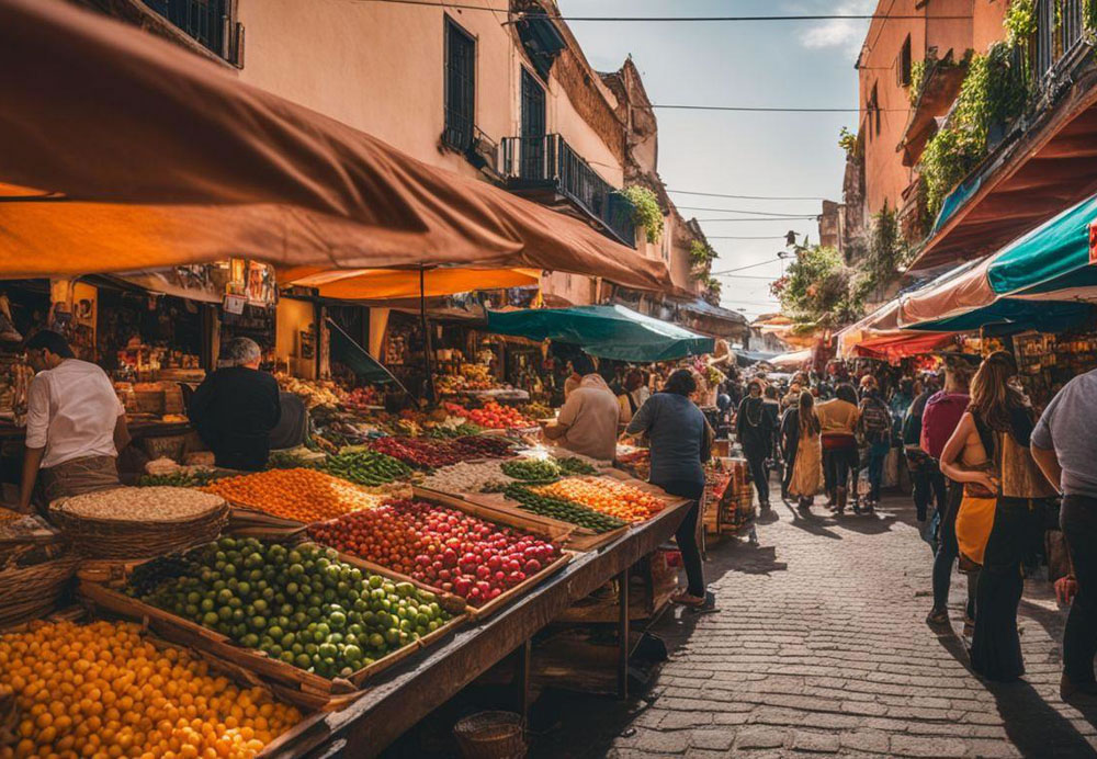 A group of people walking in a market